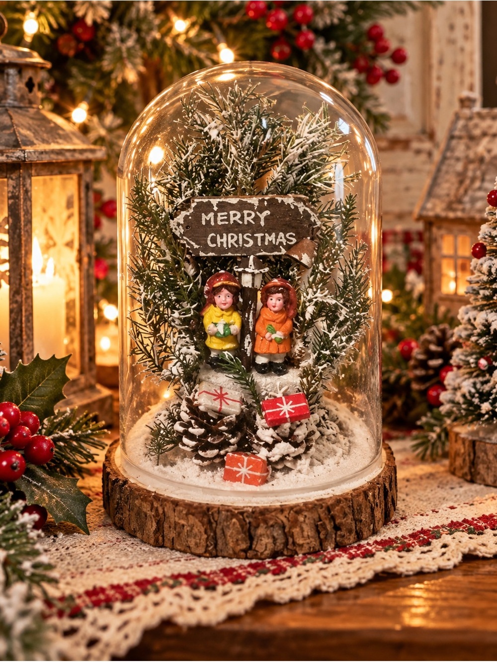 Christmas Cloche Caroling Carolers Scene Snowy Trees Faux Wood Base